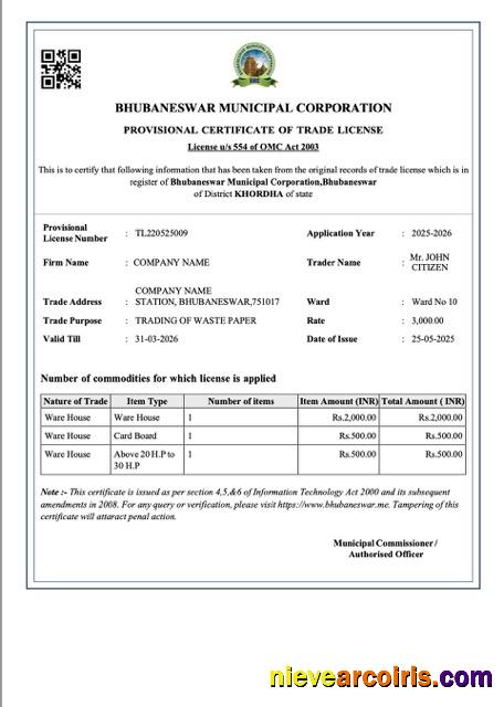 India Bhubaneswar provisional certificate of trade license